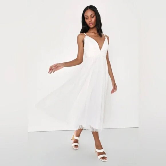 NWT Lulus Sweet Goddess White Mesh Pleated Sleeveless Midi Dress - Picture 1 of 6